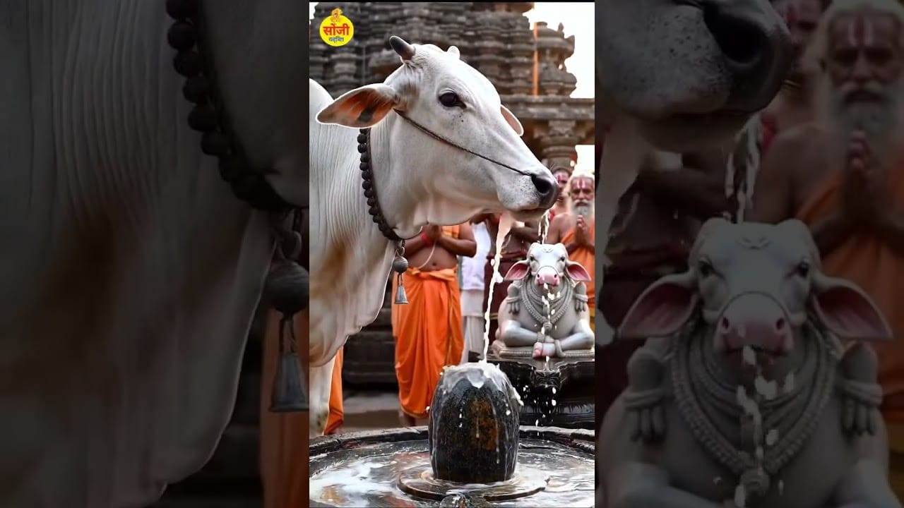 गौमाता का शिवलिंग अभिषेक – एक अद्भुत दृश्य|#mahadev​ #cow​#nandi  #shiv #cute #bholenath #shorts